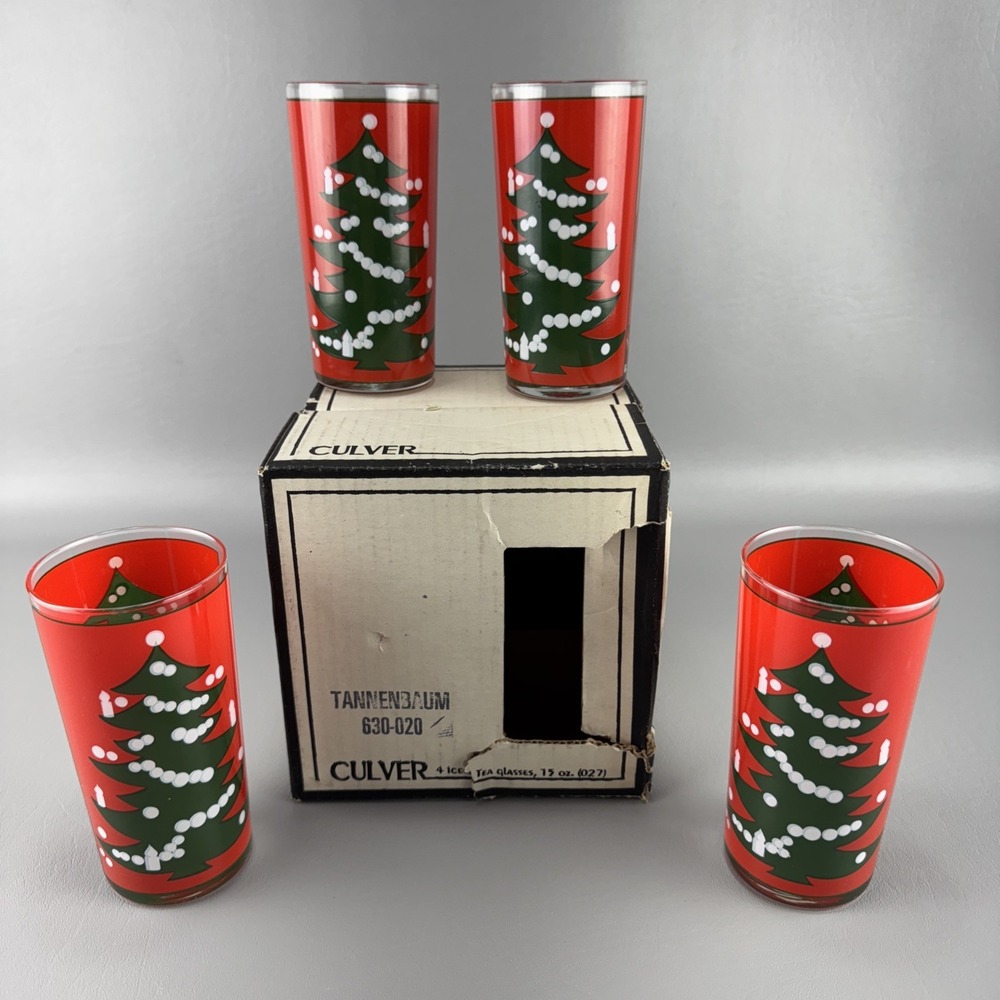 Vintage Culver Tannenbaum‎ High Ball Glass Set Of 4 Holiday Christmas Tree 15 oz